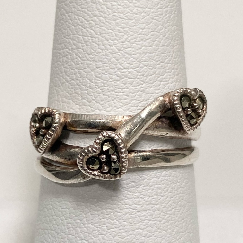 STERLING SILVER and Marcasite Ring 3 Hearts Size 7.5